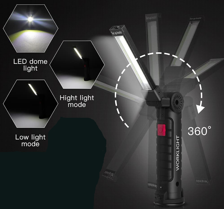 Rechargeable LED folding work light, 5W, Magnetic base - E-trains